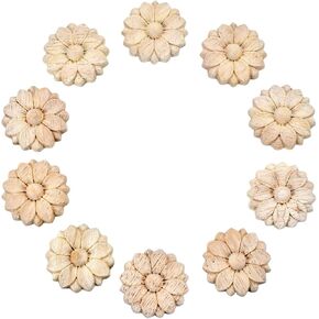 10-Pack Unpainted Wood Rosettes Little Onlay Appliques (Dia-3cm/1.18") for Furniture Decoration, Unfinished Round Flower Carving Craft Decals for Home Chests Cabinet Cupboard Dresser Bed Wardrobe
