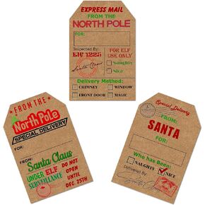from Santa Claus Gift Tags, Natural Kraft 2" x 3" Inch Stickers, Delivery from The North Pole Christmas Labels. 48 Labels. Made in USA