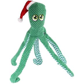 Petlou Holiday Squeak Crinkle Corduroy Plush Dog Toys ,16-Inch CHR Super Octopus