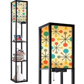 Mid century fifties modern atomic retro colors seamless pattern Floor Lamp with Shelves Tall Standing Lamp Wood Standing Light Linen Shade Bedside Lamp for Living Room Bedroom Modern Home Decor