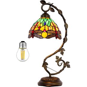 WERFACTORY Tiffany Lamp Green Yellow Stained Glass Dragonfly Style Table Lamp Metal Leaf Base 8X10X21 Inches Desk Light Decor Small Space Bedroom Home Office S009G Series in Kuwait