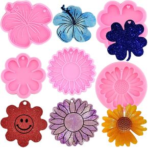 Sunflower Silicone Molds Hibiscus Flower Silicone Keychain Mold Four Leaf Clover Epoxy Casting Resin Mold for Keychain Pendant DIY Jewelry Crafts Making Set of 5