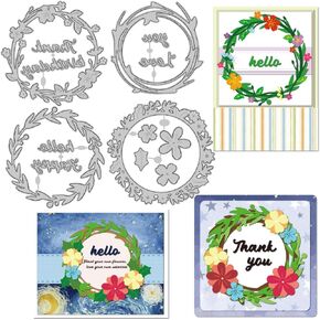 INFUNLY 4pcs/Set Wreath Die Cuts Spring Flower Metal Cutting Dies Olive Leaf Circle Frame Cutting Dies Thank You Word Cutting Dies Stencil for Card Making DIY Scrapbooking Photo Decor