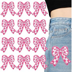 12Pcs Bow Checkered Iron On Patches Pink Embroidered Applique Western Punk Sew On Patch Applique Embellishments Funny Badge Appliques for Clothes Jeans Shirt Bags DIY Craft