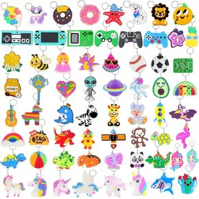 65 PCS Cute Keychain for Kids Party Favors With Video Game Animal Mermaid Dinosaur Ball Donut Fruit Gift School Prize Goodie Bag Stuffers Birthday Party Supplies
