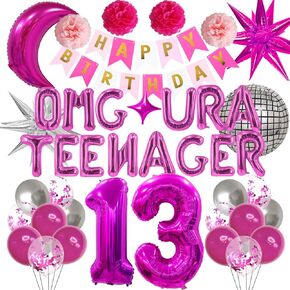 13th Birthday Decorations for Girls - Rukuto 37pcs Hot Pink 13th Teenager Birthday Decorations OMG UR A Teenager Birthday Party Balloons Supplies Happy Bday Banners Balloons Flower Ball for 13th Party