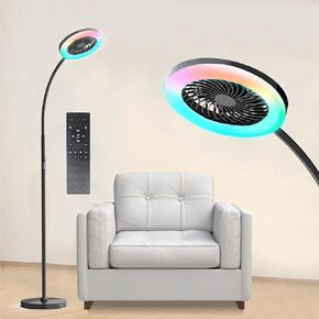 Floor Lamp with Fan Fan Light with RGB 18w/1500lm LED Floor Famp, Stepless Adjustable 3000K-6000K Color and Dimmer, Remote and Button Control, Adjustable Gooseneck Gloor Lamp (Black)