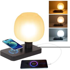 HonoDing Bedside Desk Lamp, Table Lamp Glass with USB Charging Ports Wireless Charging, Modern Nightstand Lamp Ball Shade Small Lamp Black Base for Bedroom, Living Room, Office, Reading