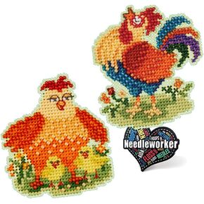 Mill Hill Mama Hen & Papa Rooster Beaded Counted Cross Stitch Ornament Kits Spring Bouquet Collection (2024), Plus 'Needleworker' Sticker