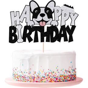 Dog Happy Birthday Cake Topper-Black and silver Pet Themed Bday Party Cake Decor，Pet Dog Birthday Party Selected Cake Decor (DOG 1)