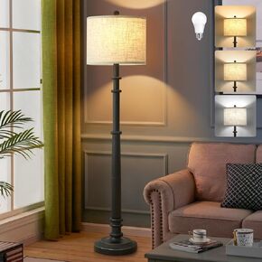 Floor Lamps for Living Room - 60" Plastic Vintage Farmhouse Floor Lamp 3-Color Temperature Standing Lamps with White Linen Shade Rustic Retro Tall Light for Bedroom Office (White)