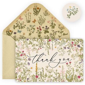 Artoid Mode 24 Pack Leaves Wildflower Thank You Cards Flower Greeting Cards Gift With Envelope Sticker Blank Note Cards for Birthday Wedding Baby Shower Bridal Shower, 4 x 6 Inch