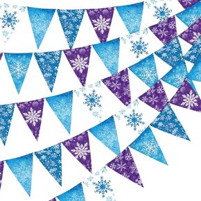 Hestya 49 ft Frozen Party Decoration Snowflakes Winter Party Banner Snow Pennant Paper Triangle Flags Snowflake Garland for Winter Frozen Birthday Party Decoration Supplies