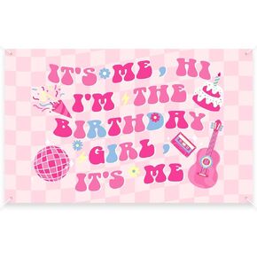 Vansolinne Birthday Backdrop Its Me Hi I'm The Birthday Girl Its Me Themed Banner Hot Pink Birthday Decorations Birth-Tay Themed Party Fans Supplies