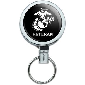 Veteran Marine Corps USMC White on Black Officially Licensed Heavy Duty Metal Retractable Reel ID Badge Key Card Tag Holder with Belt Clip