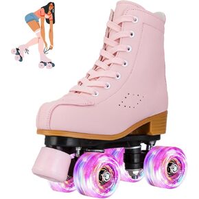 jessie Roller Skates for Girl and Women, PU Leather Light up Kids Roller Skates, Cute Adjustable Four-Wheel Beginner Youth Roller Skates Girls Ages 8-12 Outdoor Indoor