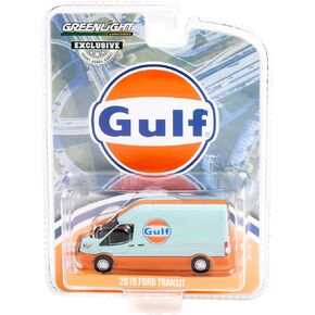 Greenlight 2019 Ford Transit LWB High Roof Van Gulf Oil Light Blue and Orange Hobby Exclusive 1/64 Diecast Model Car