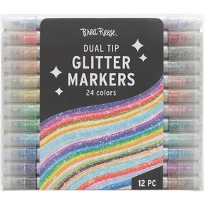 Dual Tip Markers - Glitter 12ct - 24 Sparkling Colors, Professional Quality, Water-Based Ink, Adults Art Supplies, Crafts & Scrapbooking