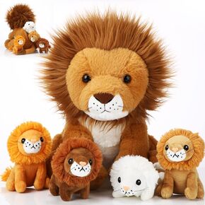 Honoson 5 Pcs Lion Plush Set Large Lion Stuffed Animal with 4 Cute Baby Lions in His Zippered Back Soft Cuddly Lion Plushie Boys Girls Birthday Favors Gifts Forest Party (Maned Lion,14 Inch)