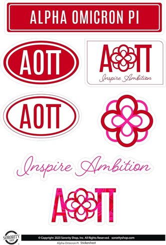 Alpha Omicron Pi Sticker Sheet - Brand Focus Vinyl Sorority Stickers with Officially Licensed Designs, Removable Adhesive, 7 Stickers per Sheet, by Sorority Shop in Saudi Arabia