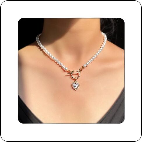 Rannyrena Vintage Pearl Choker Necklace with Crystal Heart Pendant Glitter Gold Circle Bar Gemstone Toggle Necklace Baroque Costume Party Accessories for Women (Transparent) in Saudi Arabia