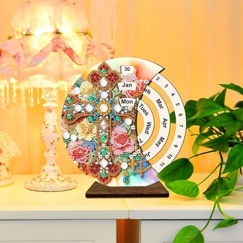 F-CANLAN 5D Diamond Painting Decorations Ornaments - Cross Calendar Decorated Desktop Diamond Painting with Gem Cross Flowers Calendar Decorated Desktop Diamond Art Kits for Room Decor (19X18 CM) in Saudi Arabia