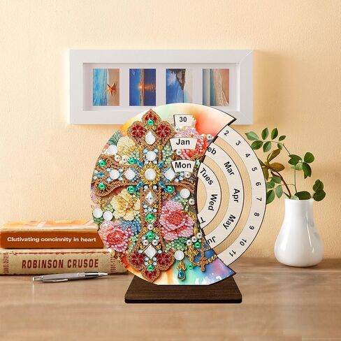 F-CANLAN 5D Diamond Painting Decorations Ornaments - Cross Calendar Decorated Desktop Diamond Painting with Gem Cross Flowers Calendar Decorated Desktop Diamond Art Kits for Room Decor (19X18 CM) in Saudi Arabia