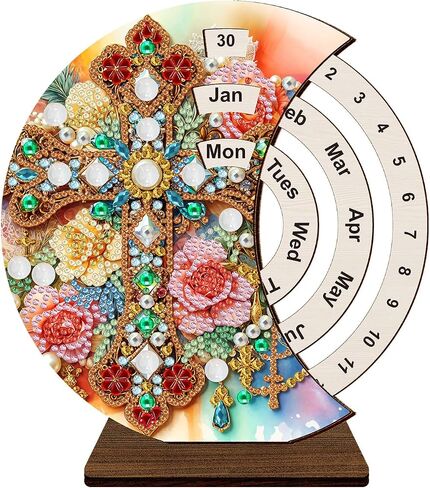 F-CANLAN 5D Diamond Painting Decorations Ornaments - Cross Calendar Decorated Desktop Diamond Painting with Gem Cross Flowers Calendar Decorated Desktop Diamond Art Kits for Room Decor (19X18 CM) in Saudi Arabia