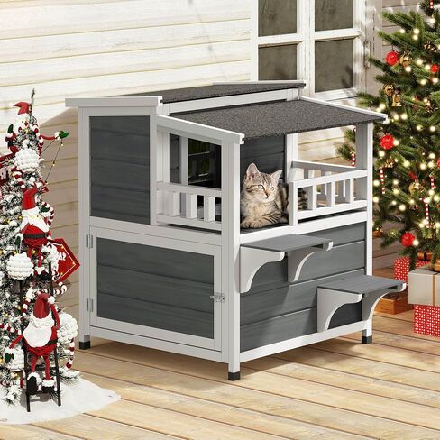 YITAHOME Two Story Outdoor Cat House with Balcony, Large Feral Villa Cat Shelter Weatherproof, 2 Story Outside Cat House for Multiple Cats in Saudi Arabia