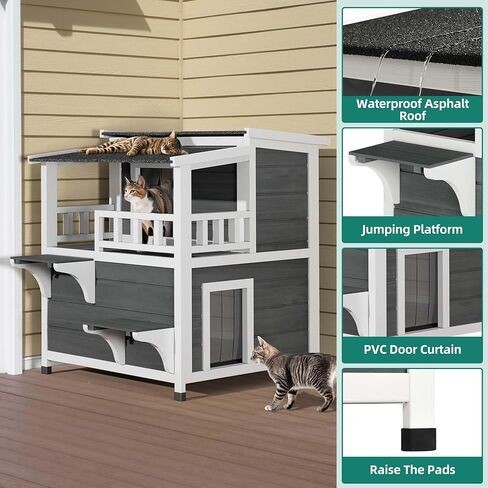 YITAHOME Two Story Outdoor Cat House with Balcony, Large Feral Villa Cat Shelter Weatherproof, 2 Story Outside Cat House for Multiple Cats in Saudi Arabia