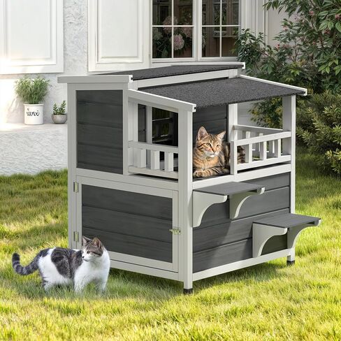 YITAHOME Two Story Outdoor Cat House with Balcony, Large Feral Villa Cat Shelter Weatherproof, 2 Story Outside Cat House for Multiple Cats in Saudi Arabia
