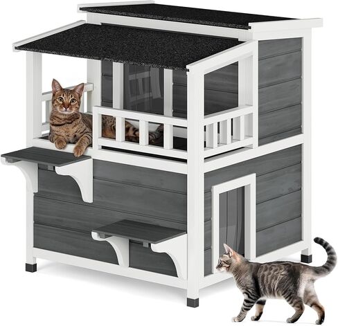 YITAHOME Two Story Outdoor Cat House with Balcony, Large Feral Villa Cat Shelter Weatherproof, 2 Story Outside Cat House for Multiple Cats in Saudi Arabia