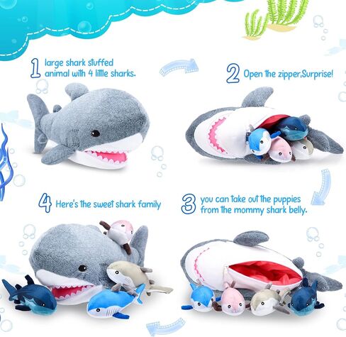 لعبة القرش المحشوة من القطيفة مقاس 45.72 سم من كاسيات مع 4 سلالات مختلفة من أسماك القرش الصغيرة، لعبة القرش المحشوة بسحاب، حيوانات محشوة كبيرة للمراهقين الصغار in Kuwait