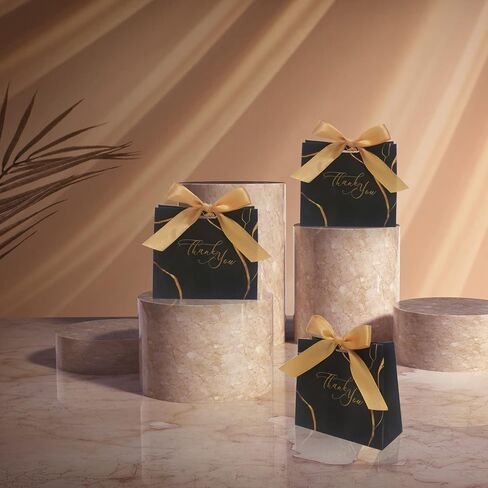 30Pack Small Thank You Gift Bags,Marble Pattern Party Favor Bags with Gold Bow Ribbon,4.5x1.8x3.Inches,Paper Bags for Birthday Wedding Bridesmaid Holiday Valentines Day (Black) in Kuwait