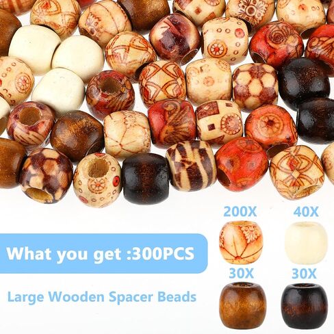 Thinp 300 Pcs Wooden Beads,Macrame Beads Vintage Wooden Beads for Hair Wooden Beads for Macrame Round Printed Wooden Beads 11x12mm Wood Beads for Jewelry Making Bracelets Hair DIY Craft Project in Saudi Arabia