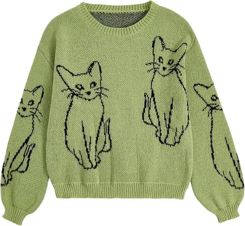 WDIRARA Women's Cartoon Cat Bishop Long Sleeve Round Neck Sweater Drop Shoulder Pullover Tops in Kuwait