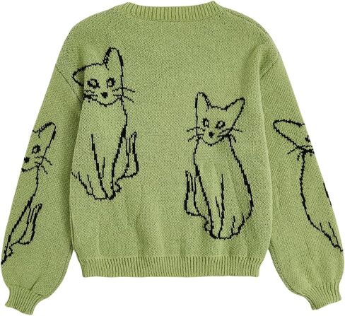 WDIRARA Women's Cartoon Cat Bishop Long Sleeve Round Neck Sweater Drop Shoulder Pullover Tops in Kuwait