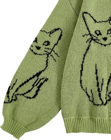 WDIRARA Women's Cartoon Cat Bishop Long Sleeve Round Neck Sweater Drop Shoulder Pullover Tops in Kuwait