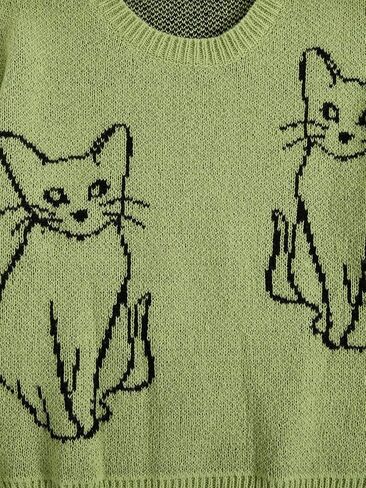 WDIRARA Women's Cartoon Cat Bishop Long Sleeve Round Neck Sweater Drop Shoulder Pullover Tops in Kuwait