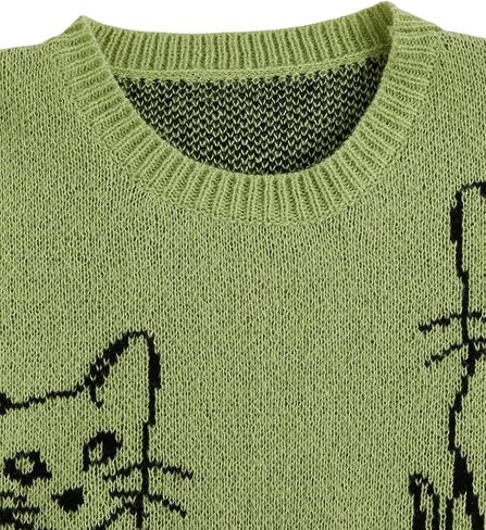 WDIRARA Women's Cartoon Cat Bishop Long Sleeve Round Neck Sweater Drop Shoulder Pullover Tops in Kuwait