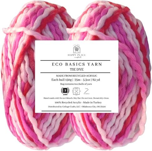 2PK Eco Basics Tie Dye Yarn for Knitting and Crocheting, Multicolor, Recycled Acrylic, Eco-Friendly, Giant Chunky Yarn, Rainbow, Jumbo, Thick Blanket Yarn, Total 300g, 150m (Retro Pink) in Saudi Arabia