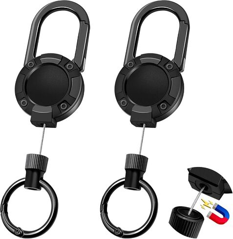 Retractable Keychain Heavy Duty with Magnetic 2 Pack, Retractable ID Badge Holder Reel, Sturdy and Durable Key Chain with 23.6" Steels Retractable Cord, Key Ring (Black + Black) in Saudi Arabia