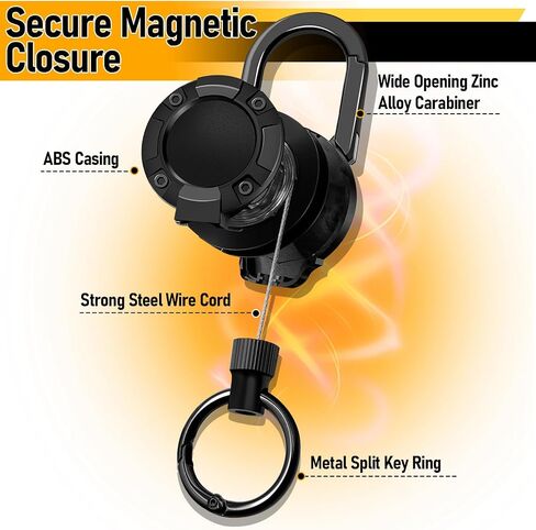 Retractable Keychain Heavy Duty with Magnetic 2 Pack, Retractable ID Badge Holder Reel, Sturdy and Durable Key Chain with 23.6" Steels Retractable Cord, Key Ring (Black + Black) in Saudi Arabia