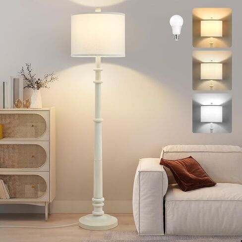 Floor Lamps for Living Room - 60" Plastic Vintage Farmhouse Floor Lamp 3-Color Temperature Standing Lamps with White Linen Shade Rustic Retro Tall Light for Bedroom Office (White) in Kuwait