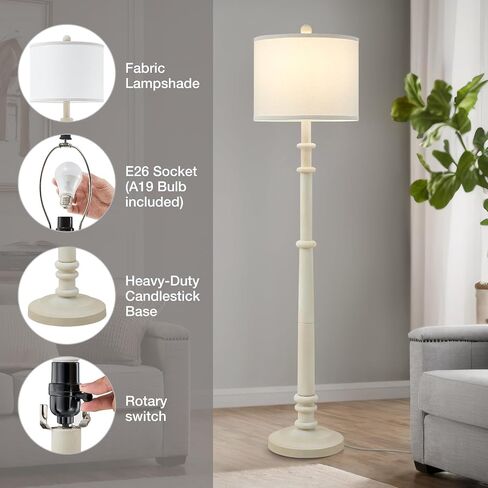 Floor Lamps for Living Room - 60" Plastic Vintage Farmhouse Floor Lamp 3-Color Temperature Standing Lamps with White Linen Shade Rustic Retro Tall Light for Bedroom Office (White) in Kuwait