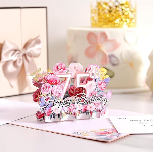 بطاقة منبثقة لعيد الميلاد الخامس والسبعين من oyydecor للنساء، والزوجة، هدية عيد الميلاد الخامس والسبعين للأم، وبطاقة عيد ميلاد تهنئة ثلاثية الأبعاد مع ملاحظة فارغة ومغلف، مقاس 5 بوصات × 7 بوصات in Kuwait