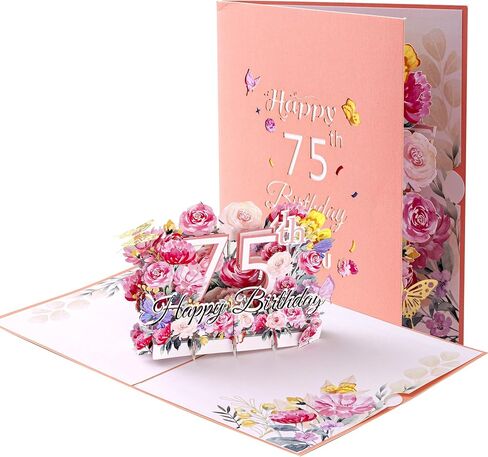 بطاقة منبثقة لعيد الميلاد الخامس والسبعين من oyydecor للنساء، والزوجة، هدية عيد الميلاد الخامس والسبعين للأم، وبطاقة عيد ميلاد تهنئة ثلاثية الأبعاد مع ملاحظة فارغة ومغلف، مقاس 5 بوصات × 7 بوصات in Kuwait