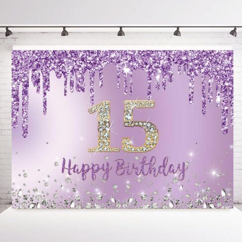 INRUI Purple Happy 15th Birthday Photography Background Girls Sweet Fifteen Years Old Birthday Party Decorations Backdrop 7x5FT in Kuwait