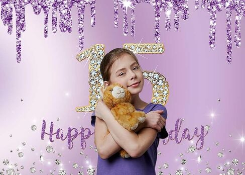 INRUI Purple Happy 15th Birthday Photography Background Girls Sweet Fifteen Years Old Birthday Party Decorations Backdrop 7x5FT in Kuwait