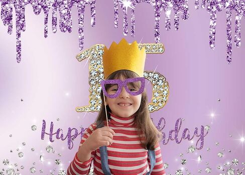 INRUI Purple Happy 15th Birthday Photography Background Girls Sweet Fifteen Years Old Birthday Party Decorations Backdrop 7x5FT in Kuwait